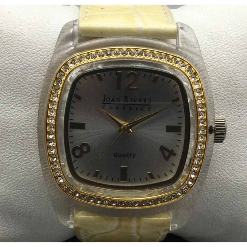 Joan Rivers Womens Watch 38mm Silver Tone Yellow Leather Crystals New Battery